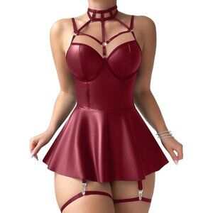Women Wine Red Strappy Leather Underwire Choker Garter Belt Lingerie Set Dress